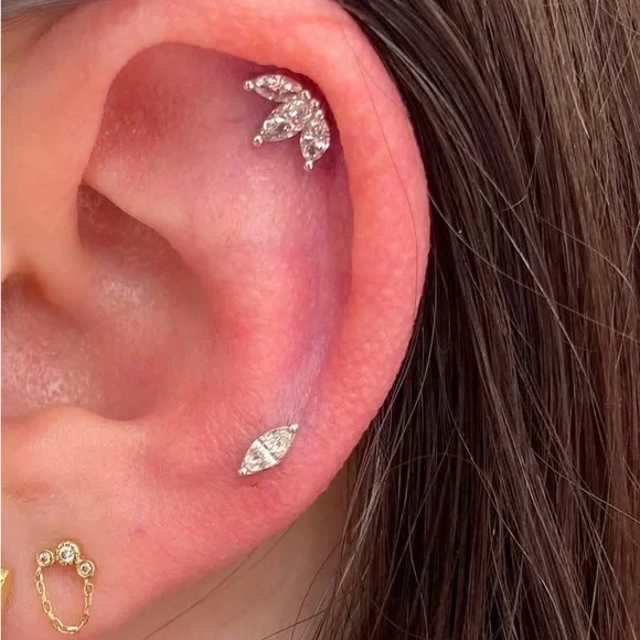 Wildlike Three Diamond Marquise Yellow Gold Threaded Stud - Picture 2 of 2